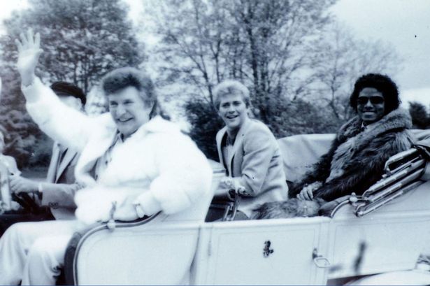 Liberace with Lord Montegu, Scot Thorson and Michael Jackson in England, 1981